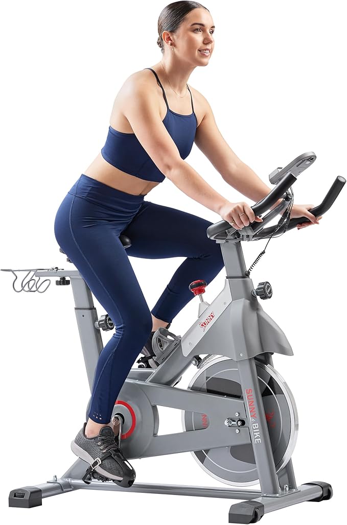 Sunny Health & Fitness Indoor Cycling Exercise Bike w/Adjustable Cushion Seat & Multi-Grip Handlebar, Stationary Workout Equipment For Adult Cardio Training, Optional Free SunnyFit App Connection