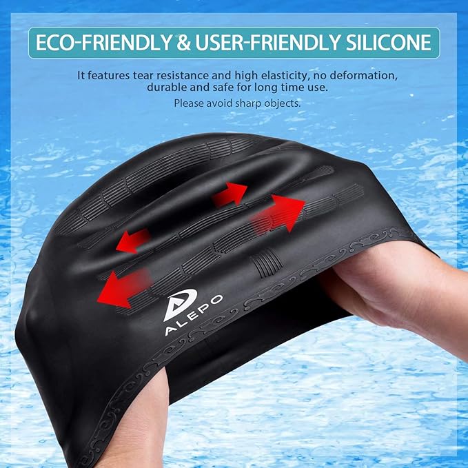 2 Pack Unisex Swim Caps with 3D Ear Protection, Durable Flexible Silicone Swimming Hats for Women Men Kids Adults, Bathing Swimming Caps for Short/Long Hair with Ear Plugs&Nose Clip