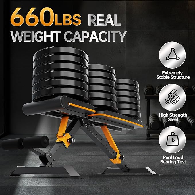 YAMO Adjustable Foldable Weight Bench for Home Gym, Full Body Workout Bench with Fast Folding, 660lbs Weight Capacity, Incline Decline Flat Exercise Bench