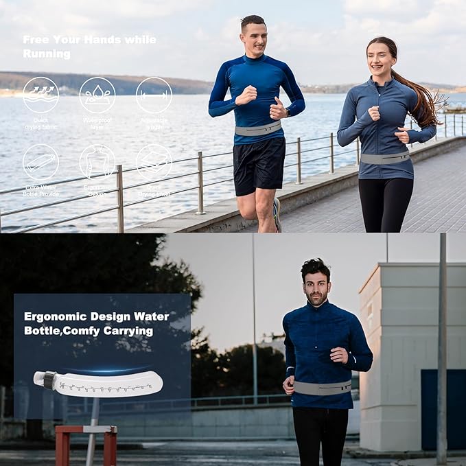 Running Belt for Women and Men, Water Proof Running Belts Fanny Pack with Water Bottle,Slim Hydration Running Bag Belts with Phone Bottle Holder Adjustable Fit for Runner (Grey, Medium)