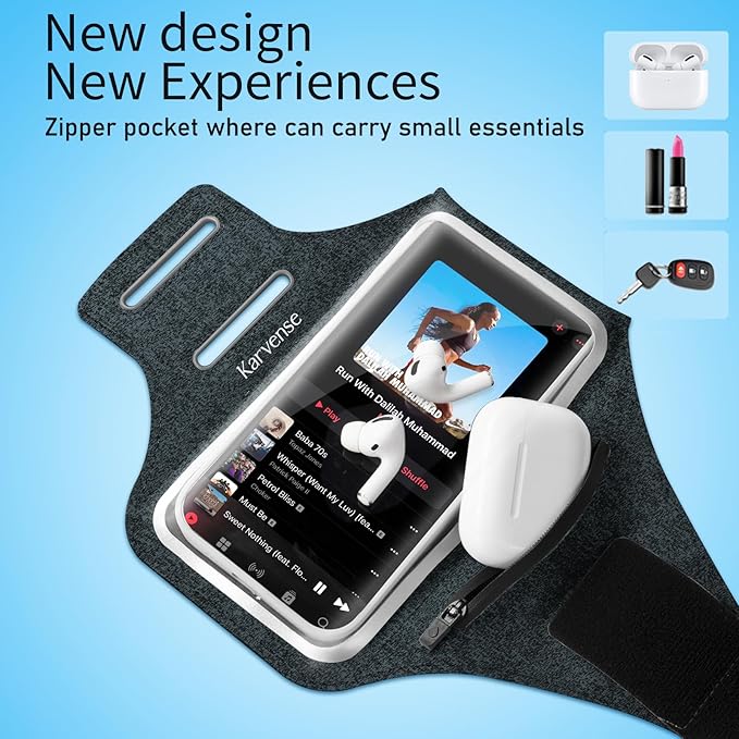 Running Phone Holder, Arm Band for Running for iPhone & Samsung Galaxy, Cell Phone Armband Holder for Walking, Gym, Workout, Men, Women, w/Adjustable Strap & Zipper Pocket (Black Heather-L)