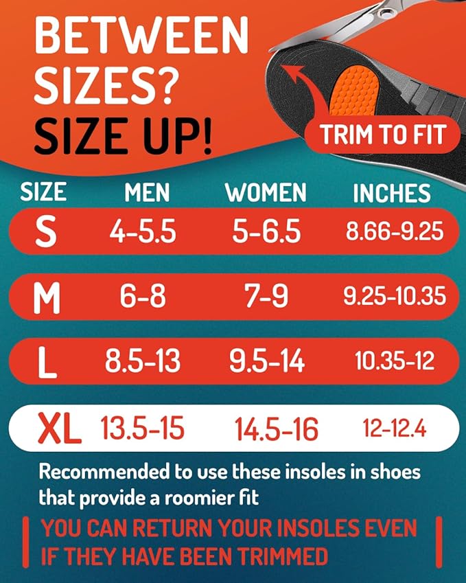 Sport Shock Absorbing Insoles - Athletic Shoe Cushioning Inserts for Men and Women - Ideal for Active Sports Running Training Hiking - Neutral Arch Good for Sneakers Shoes, XL
