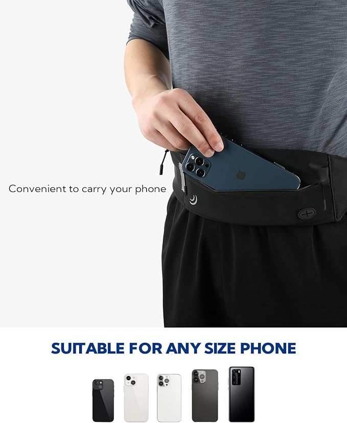 WATERFLY Running Belt Fanny Pack: Runner Marathon Jogging Waist Pack Sport Workout Exercise Fitness Phone Holder Belt for Men Women Jogger Slim Waistband Black