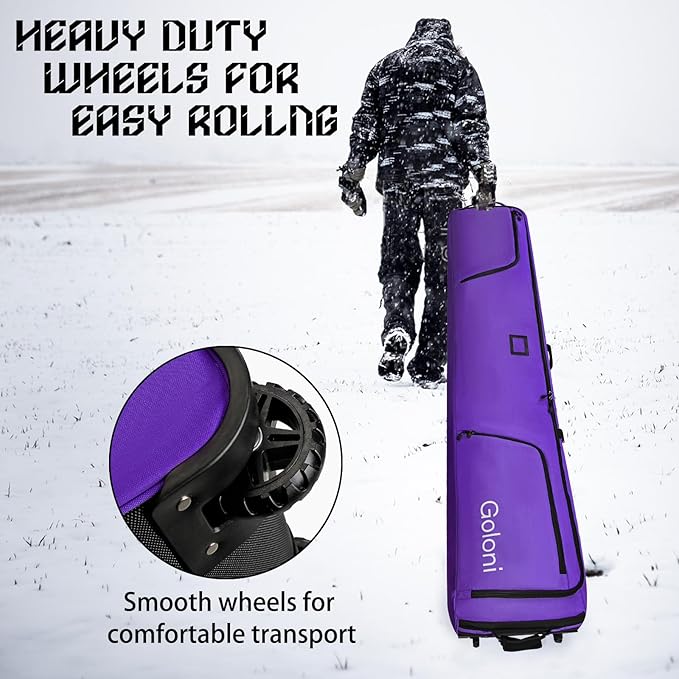 Goloni Ski Bag with Wheels,Padded Snowboard Bag for Air Travel,600D Waterproof Fabric,Foldable Snow Bag Fits 2 Pairs Skis