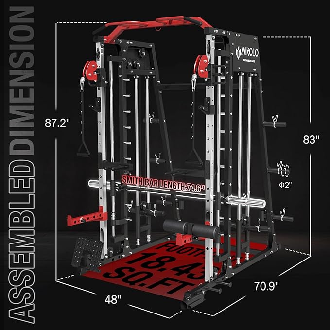 Mikolo Smith Machine, 2200lbs Squat Rack with LAT-Pull Down System & Cable Crossover Machine, Training Equipment with Leg Hold-Down Attachment
