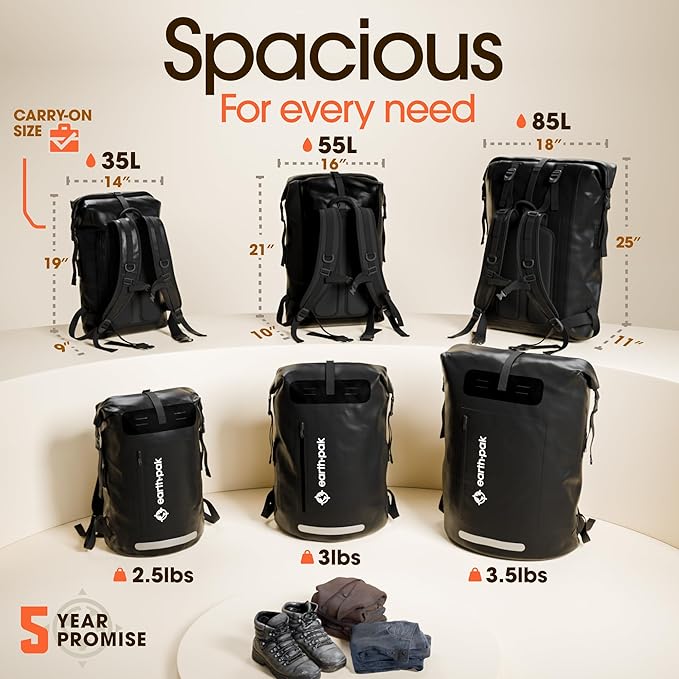 Earth Pak Waterproof Backpack - Heavy Duty Hiking Backpack - Roll-Top Closure Bag - Cushioned Dry Bag Waterproof Phone Case