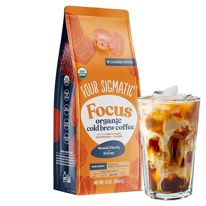Four Sigmatic Organic Cold Brew Coffee Grounds | Dark Roast, Coarse Grounds with Lion's Mane and Chaga | Cold Brew Mushroom Coffee for Crash-Free Focus | 12 oz Bag