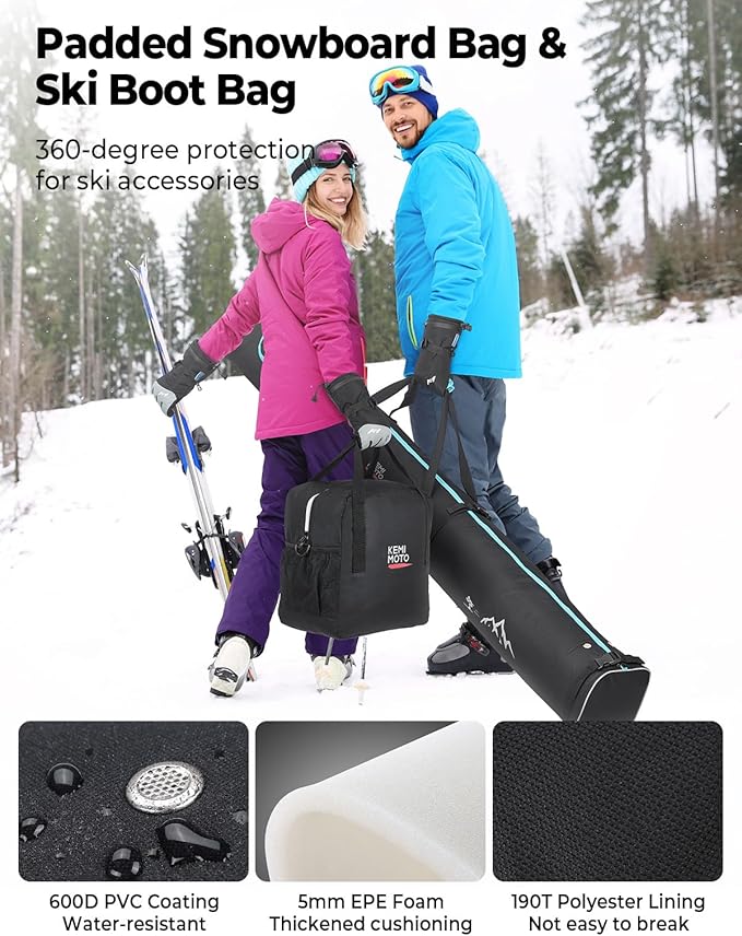 KEMIMOTO Ski Bag and Boot Bag Combo, Snowboard Bag Padded Ski Bags for Air Travel, Snow Ski Bags Fit Skis Up to 200cm, Ski Double Bag Combo