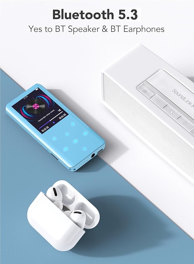 AGPTEK 64GB MP3 Player with Bluetooth 5.3, A19PL 2.4" Curved Screen Portable Music Player with Speaker Lossless Sound with FM Radio, Voice Recorder, Supports up to 128GB, Blue