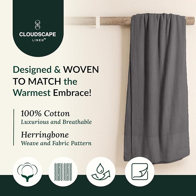 Cloud Scape Linen 100% Cotton Queen Size Blanket, Herringbone Pattern, Lightweight Summer Blanket,Best Gifts for Women, fits Full Size Bed, 92 x 92, Dark Grey
