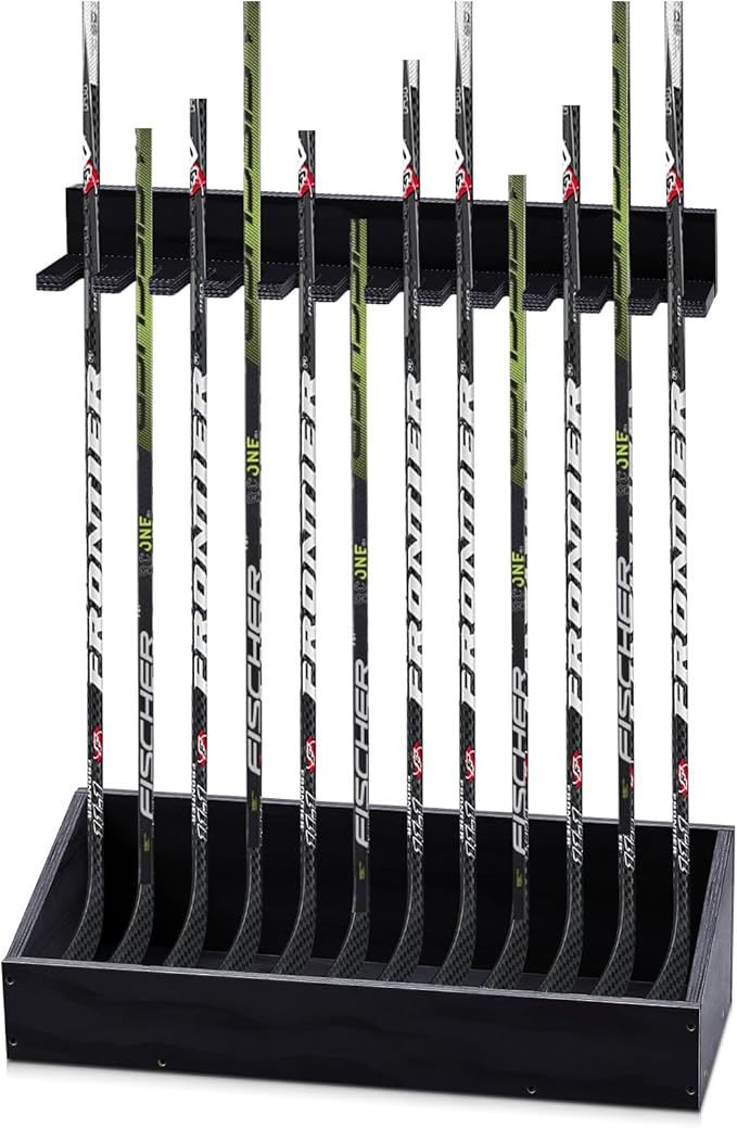 Leinuosen Hockey Stick Holder Wall Mounted and Vertical 2 in 1 Wooden Ice Hockey Rack Organizer Storage and Display Large Capacity Organizer Holds up to Sticks for Player Gifts