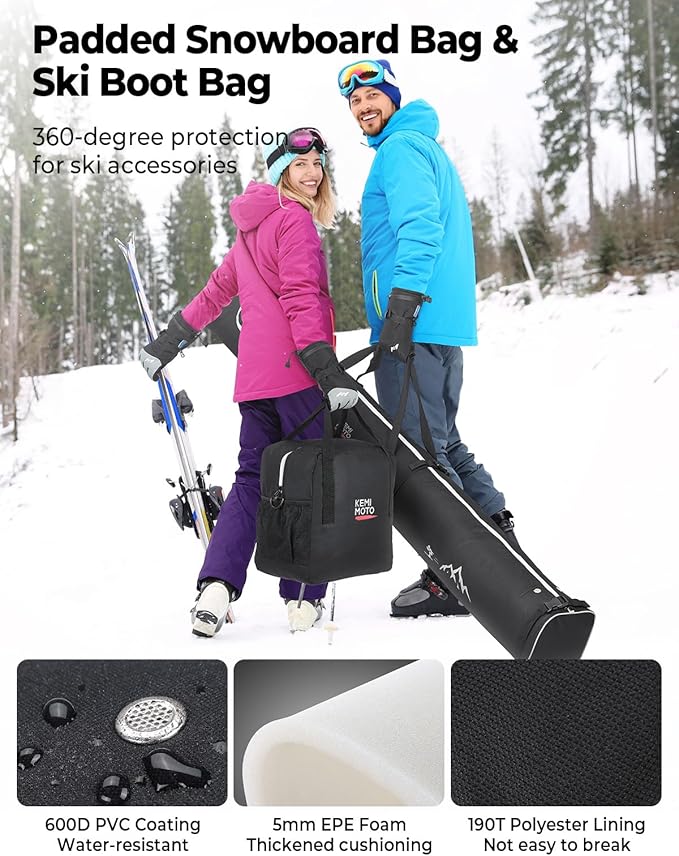 KEMIMOTO Ski Bag and Boot Bag Combo, Snowboard Bag Padded Ski Bags for Air Travel, Snow Ski Bags Fit Skis Up to 200cm, Ski Double Bag Combo
