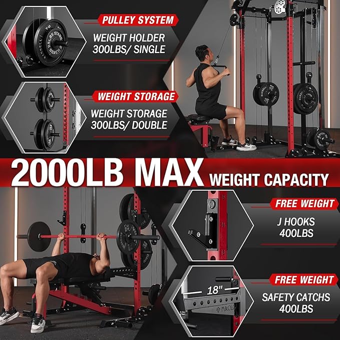 Mikolo Power Cage, 2000LB Power Rack with Independent Dual Pulley System, Multi-Function Home Gym Workout Machine for Cable Crossover
