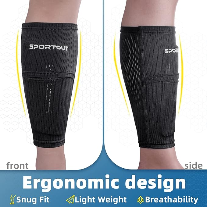 Sportout Soccer Shin Guards - Shin Guards Soccer Kids Youth Adult Protective Shin Pads with Sleeves and Insert Pocket for Boys Girls for Age 4-6, 6-8, 8-10,10-12,12-14,14-Adult