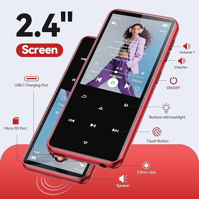AGPTEK 64GB MP3 Player with Bluetooth, M3 2.4 inch Music Player with Speaker and FM Radio, Touch Buttons, Supports Up to 128GB (Black Red)