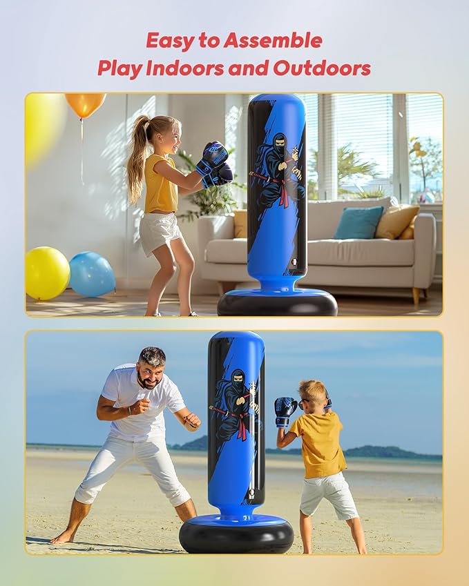 QPAU Punching Bag for Kids, 66 Inch Stable Inflatable Boxing Bag with Boxing Gloves, Stand Kids Punching Bag Toy for Boys & Girls Age 6-12, Boxing Set for Practicing Karate, Taekwondo, MMA