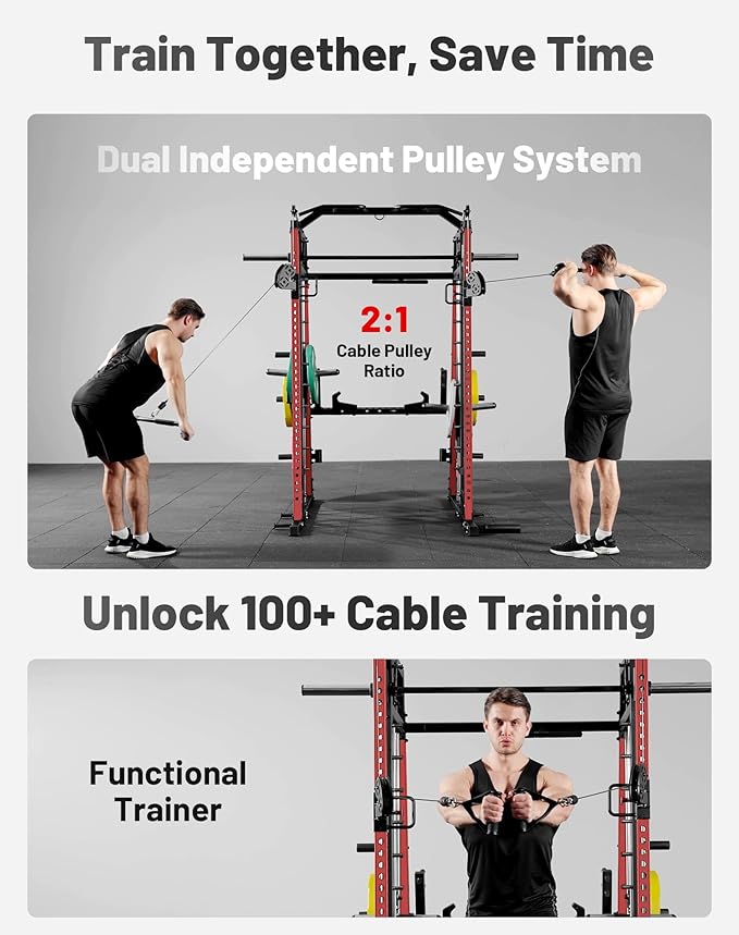 Mikolo M4 2.0 Smith Machine, All-in-One Power Cage with Independent Dual Pulley System, Multi-Function Home Gym Workout Cage for Cable Crossover