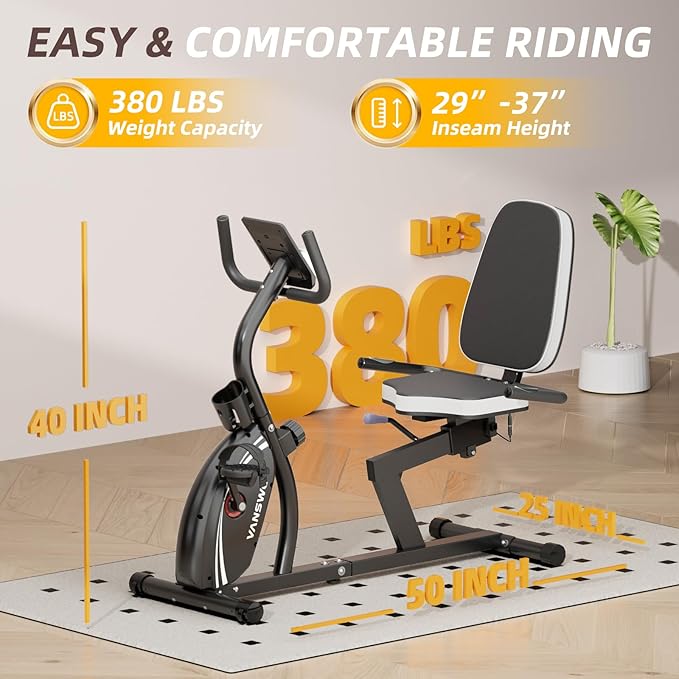 VANSWE Recumbent Exercise Bike, Recumbent Stationary Bikes for Home 400 LBS Weight Capacity, Exercise Bike for Home Seniors with Smart App and Bluetooth Connectivity, LED Display, Pulse Handle