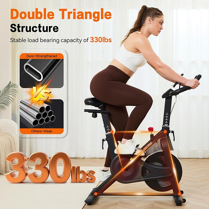 Exercise Bike, Indoor Stationary Bike for Home with Silent Belt Drive, Adjustable Resistance, App Compatible Cycling Bike with LCD Monitor, 330lbs Capacity Workout Bike