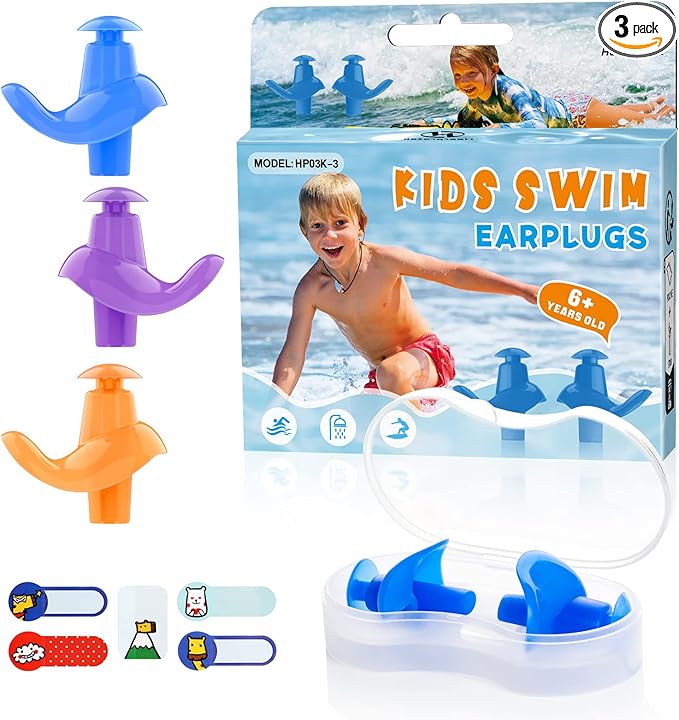 Hearprotek Swimming Ear Plugs, 3 Pairs Soft Waterproof Reusable Earplugs for Swimming Showering Bathing and Other Water Sports Suitable for 6+ Kids(Blue/Orange/Purple)