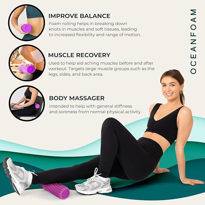 Oceanfoam Ripple Travel Foam Roller (11" x 3.35") Firm Mini Foam Roller for Physical Therapy, Deep Tissue Massage, Back Pain - High Density, Ergonomic Wave Textured - Yoga, Pilates, Exercise (Magenta)