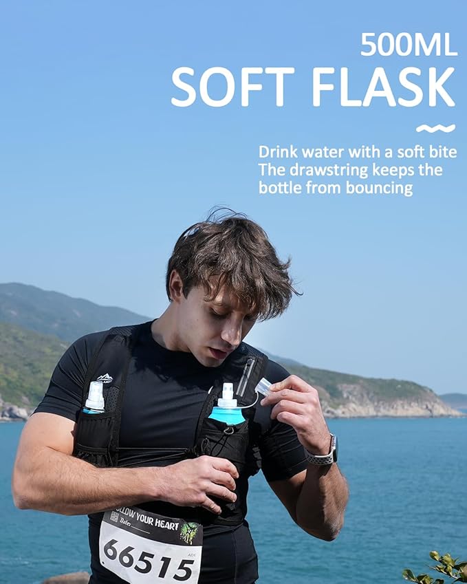 Running Vest for Women Men, USA Original Patent, Adjustable Chest Straps Running Hydration Vest with 500ml Soft Flask, Lightweight Reflective Hydration Backpack for Hiking Marathon