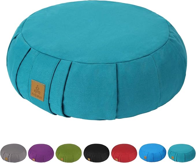 Round Zafu Meditation Cushion, D=15" H=5.5" Zabuton Meditation Pillow, Yoga Bolster/Pillow, Floor seat, Zippered Organic Cotton Cover, Natural Buckwheat, Kneeling Pillow