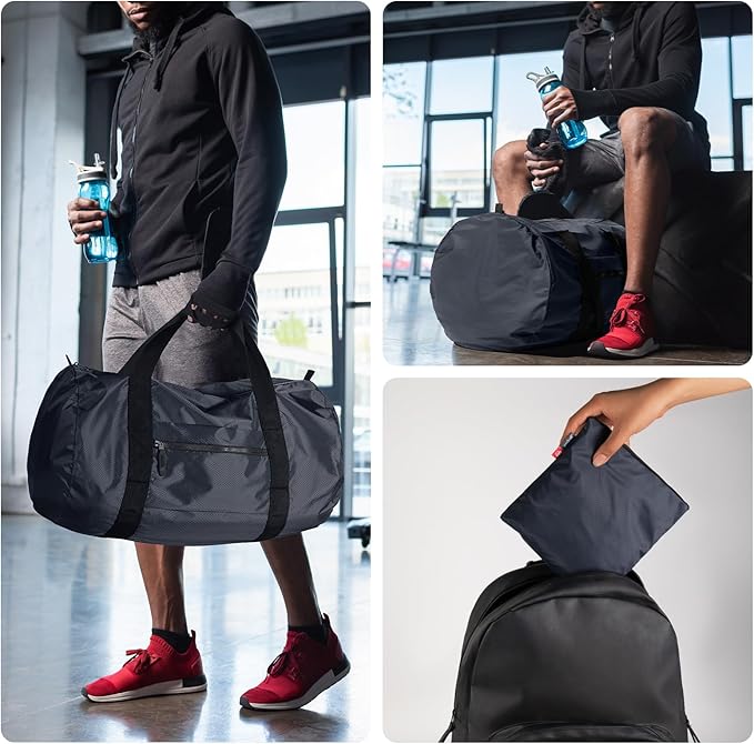 pack all 45L Foldable Duffel Bag, Water-Resistant Sports Gym Bag, Portable Weekender Bag Lightweight for Travel, Fitness and Camping (Navy Blue)