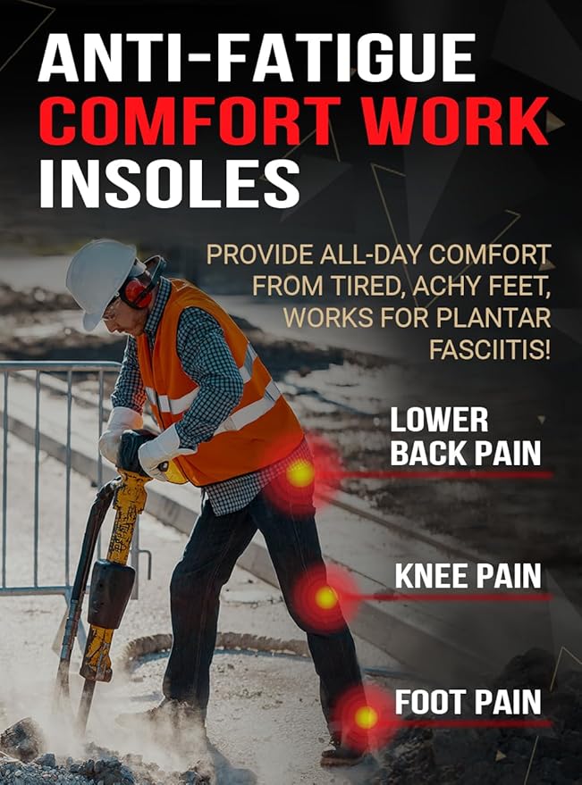 Work Pro Comfort Insoles - Shock Absorption - Low Arch - Cushioning Anti Fatigue Shoe Insert Men Women - Non-Slip - Soft Comfortable Work Boot Insoles - Foot Pain Relief (M, Black)