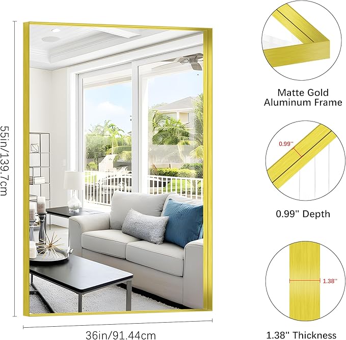 Gold Bathroom Mirror, 36x55 Inch Rectangular Deep Frame Mirror, Large Wall Mounted Bathroom Vanity Mirror Over Sink for Bedroom,Restroom, Living Room, Hangs Vertically or Horizontally