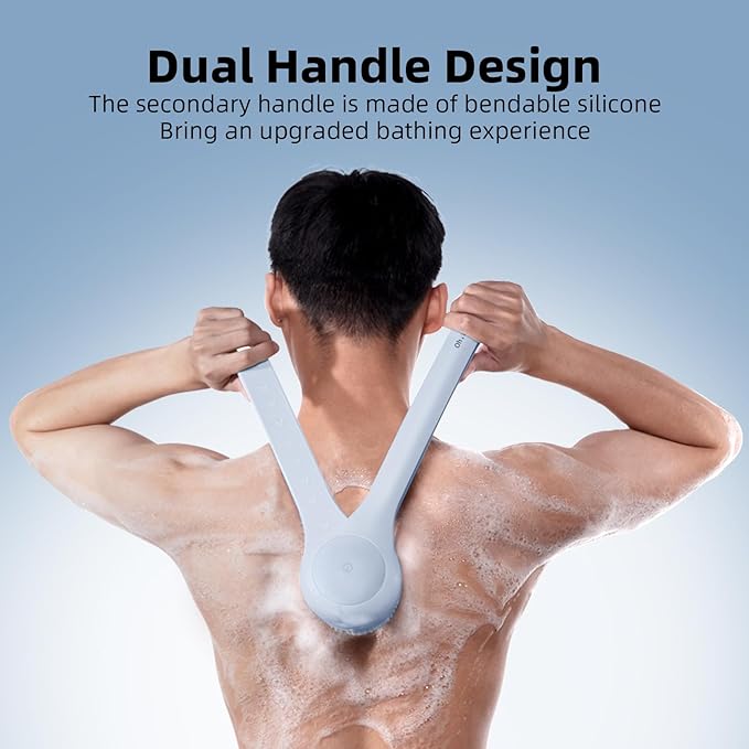 Electric Body Brush Back Scrubber for Shower, Waterproof Long Dual Handle Power Body Scrubber with 3 Heads, Rechargeable Bath Brush & 2 Speeds, for Cleansing, Exfoliating and Massaging Skin