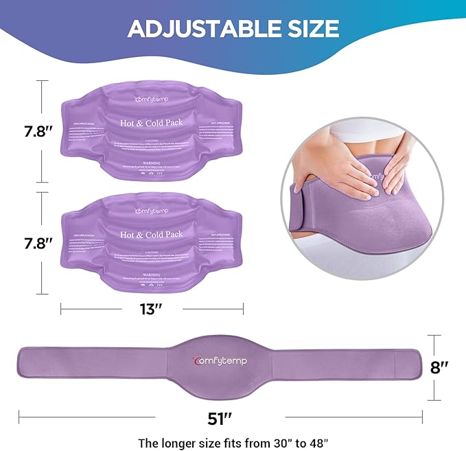 Comfytemp Ice Pack for Back Pain Relief, 2 Packs, Reusable Gel Lower Back Wrap Ice Brace for Sciatica Injuries, Hot Cold Compression for Lower Lumbar, Waist, Men Women Surgery Get Well Gifts (Purple)