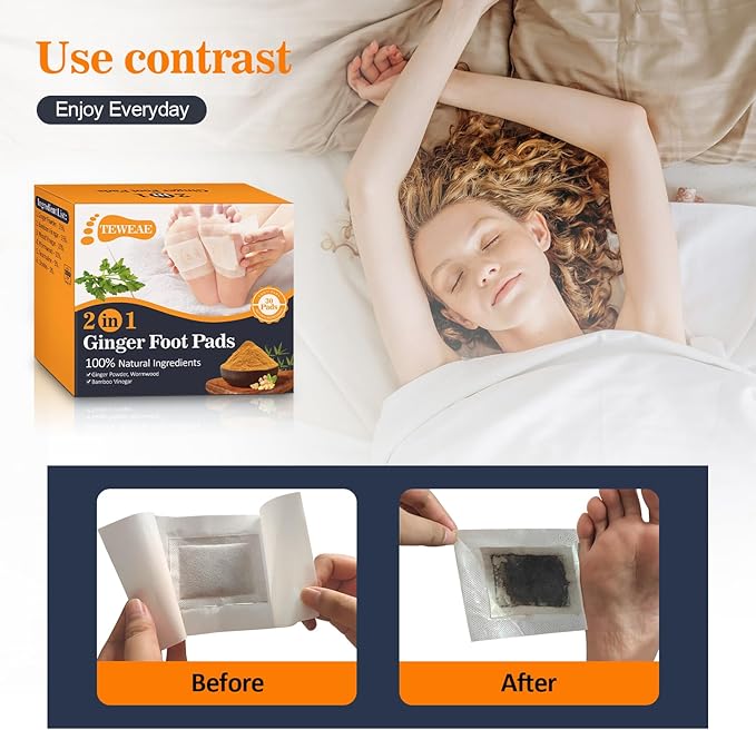 2 in 1 Foot Pads, 30 Pads Tear and Use Pure Ginger Bamboo Wormwood Foot Pads, Bigger Adhesive ''Stay in Place'' Goodnight Pads