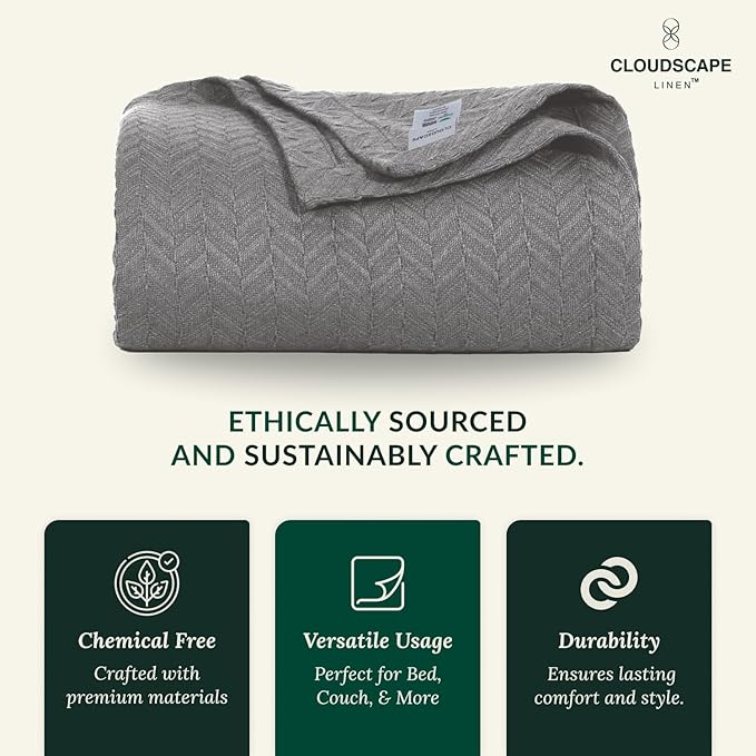 Cloud Scape Linen Herringbone Cotton Throw Blanket for Couch, Bed,Sofa, Home Decor, Soft, Lightweight, All-Season Bed Blanket, 50 x 70, Dark Grey