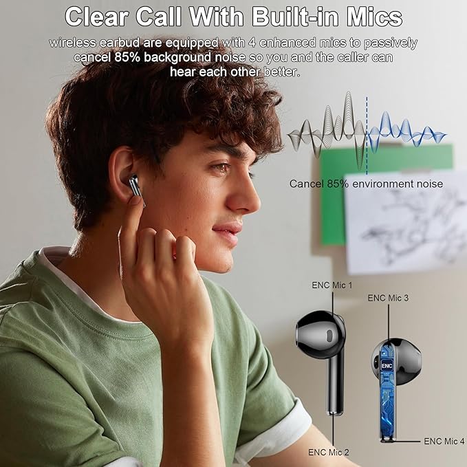 Wireless Earbuds, 2025 Bluetooth 5.3 Headphones HiFi Stereo Ear buds with ENC Noise Cancelling Mics, 40H Bluetooth Earbuds with Dual LED Display, IP7 Waterproof in Ear Earphones for Android iOS, Black