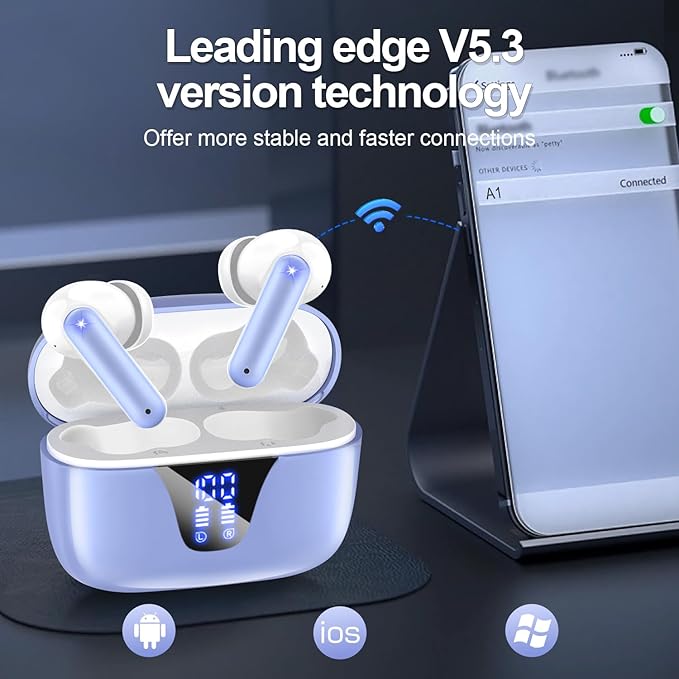 ZIUTY Wireless Earbuds Bluetooth Headphones, 50H Playtime Ear Buds with Mic, LED Digital Display Charging Case, IPX7 Waterproof, Deep Bass Stereo, in-Ear Earphone for iPhone Andriod Phone