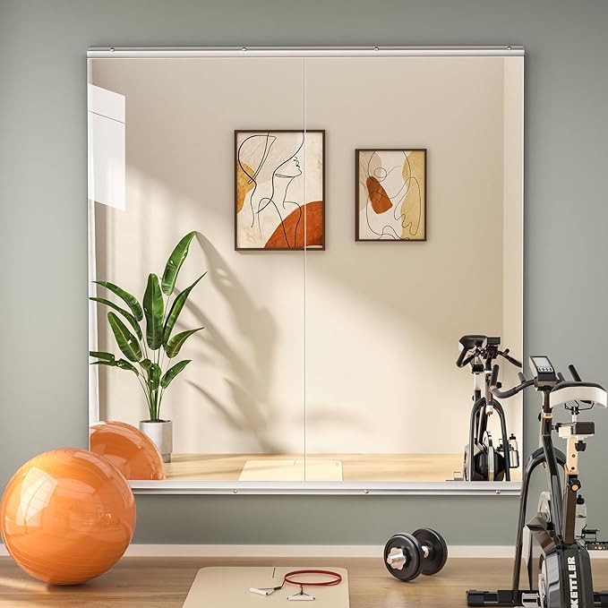 Hasipu Home Gym Mirror 48" L x 24" W - 2PCS Large Full Body Mirror for Yoga, Wall-Mounted Mirrors for Fitness, Garage, Dance Studio, 0.16in Tempered Glass Frameless