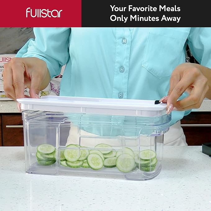 Fullstar All-in-1 Vegetable Chopper and Mandoline Slicer for Kitchen - Cheese Grater, French Fry Cutter, Cheese Slicer - Bonus Handheld Spiralizer Included (6 in 1, Black/White)