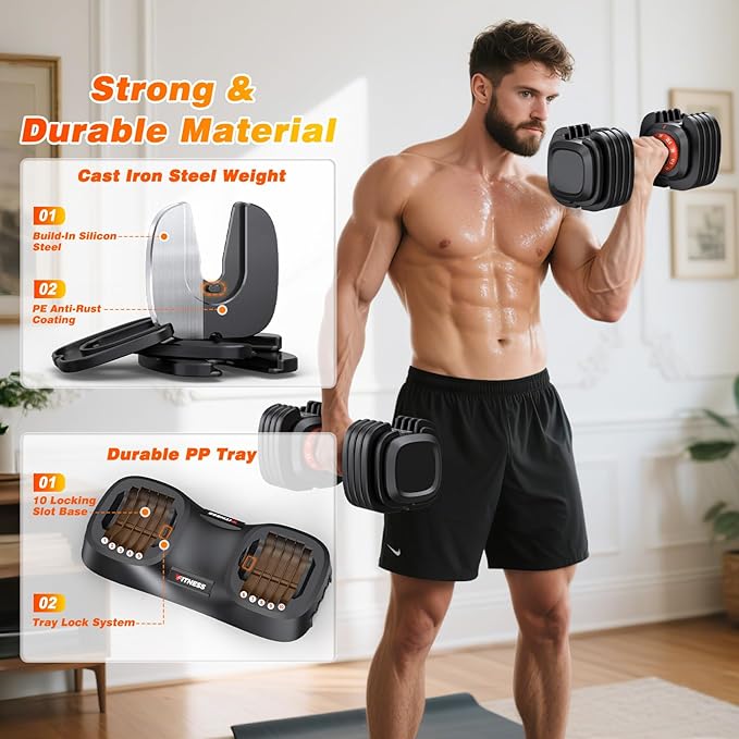 XDDIAS Adjustable Dumbbell Set of 2, 25/55/80LB Dumbbell Set-1Sec Adjustable Weights-5/10 in 1 Free Weights Dumbbells Set with Effortless Tray/No-Slip Handle-Compact Size for Women/Men at Home Gym