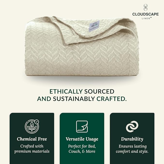 Cloud Scape Linen 100% Cotton Queen Size Blanket, Herringbone Pattern, Lightweight Summer Blanket,Best Gifts for Women, fits Full Size Bed, 92 x 92, Beige Fog
