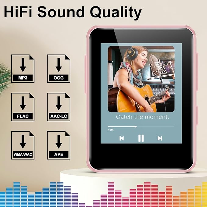 MP3 Player with Bluetooth, 1.8 inch Screen Portable Music Player with Speaker, FM Radio, Recorder, Expansion to 512GB, Pink with 32GB Micro SD Card