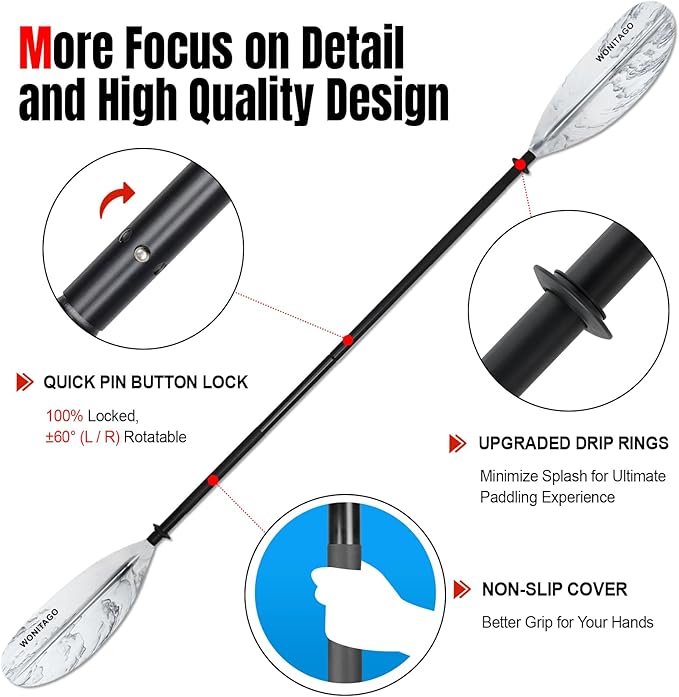 Kayak Paddle with Aluminum Shaft and Reinforced PP Blade, Floating Kayak Oar for Kayaking Canoeing and Boating, 220 cm/86 inches - 230 cm/90 inches
