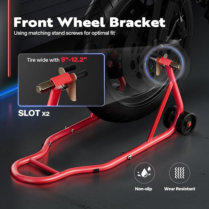 SPECSTAR Motorcycle Stands, 882 Lbs Capacity Front Rear Wheels Lift Combo with U+L Adjustable Swingarm Spool, Heavy Duty Paddock Stands for BMW Suzuki Yamaha Honda Kawasaki, Red