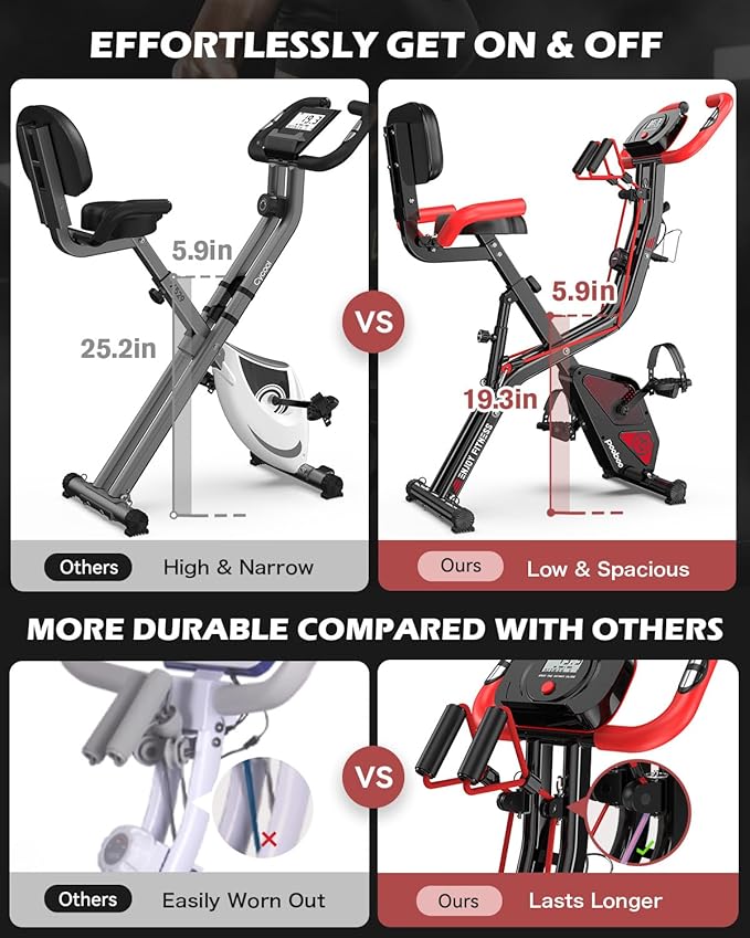 pooboo Folding Exercise Bike, Foldable Upright Stationary Bike, Indoor Cycling Magnetic X-Bike with 8-Level Adjustable Resistance, 6.6 LBS Flywheel, 300LB Capacity, Bottle Holder & Back Support Cushion for Home Gym