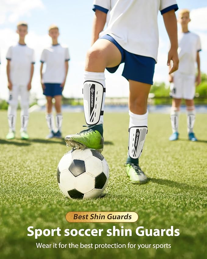 Shin Guards Soccer Kids Youth, CE Certified Airsfish Shin Guard Protection Gear for 2-18 Years Old Boys Girls Teenagers High Impact Resistant Breathable Comfortable 1 Pair 4 Sizes