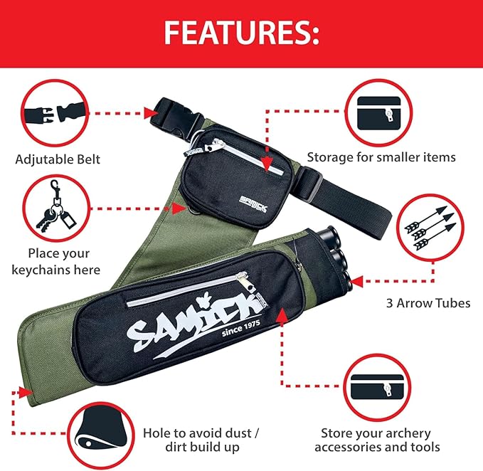 Archery Arrow Quiver - Adjustable Waist Hanged Quiver with 3 Removable Tubes & Pockets for Archery Arrows Case & Equipment - Ideal for Hunting & Target Practice - Right Handed Only