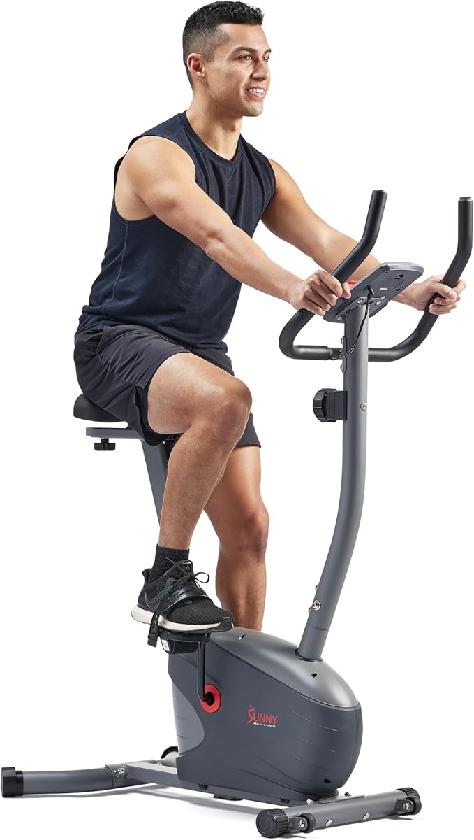 Sunny Health & Fitness Smart Stationary Exercise Upright Bike w/Pulse Sensor & 4-Way Adjustable Seat, Cycling Machine for Home Cardio Training, Free SunnyFit App Connection, Optional Resistance Band