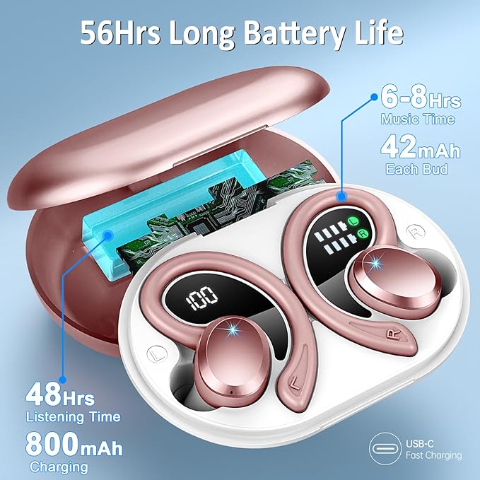 Wireless Earbuds Sport Bluetooth Headphones 5.4, 2025 Bluetooth Earbuds 4 HD Mic, Over-Ear Buds with Earhooks ENC Noise Canceling Earphones, 48Hrs Stereo, IP7 Waterproof Headset for Workout/Running
