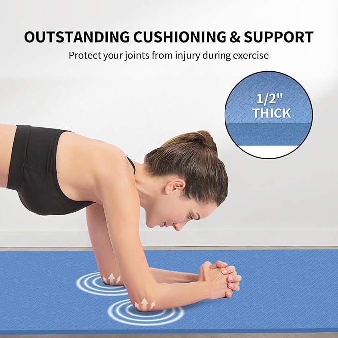 Hatha Yoga Extra Long TPE Yoga Mat 79" x 40” x 1/2" Thick Non-slip Exercise Mat for Home Gym Use, Yoga, Pilates, Fitness & Workouts
