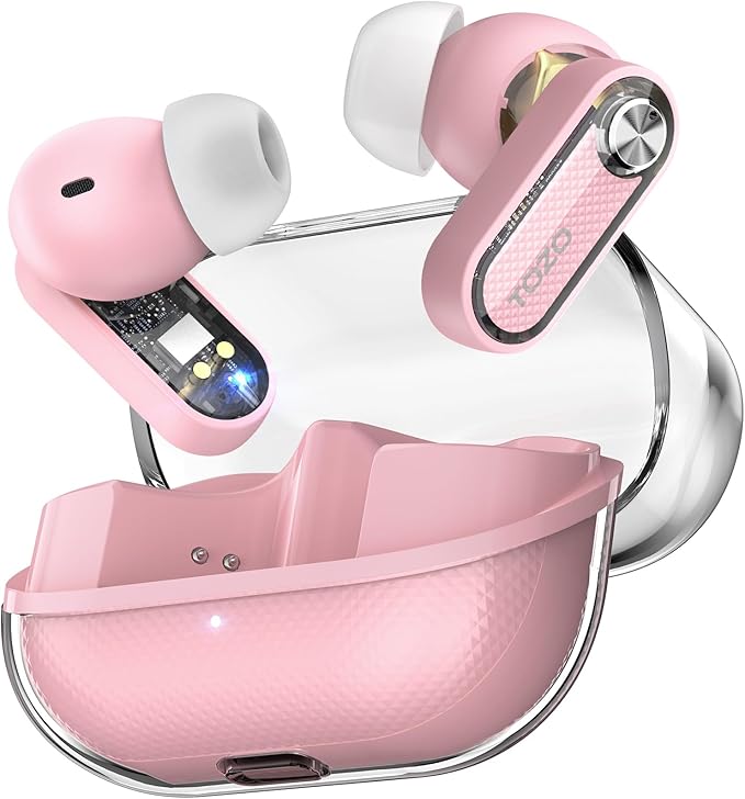 TOZO Crystal Pods Hybrid Active Noise Cancelling Wireless Earbuds, 10mm Drivers Deep Bass Stereo Sound, 4 Mics Smart ENC AI Calls, 32 EQ via App, Bluetooth 5.4 Headphones, Crystal Case Design